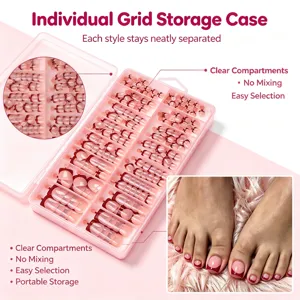 Set of 160 French tip press-on toe nails stored in a clear 24-grid organizer case