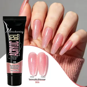 Detail of Misscheering pink glitter acrylic gel with glossy and frosted finish swatches