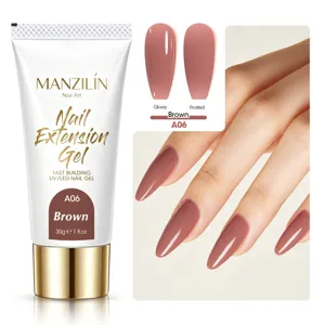 MANZILÍN nail extension gel A06 Brown showing glossy and frosted finishes on hand