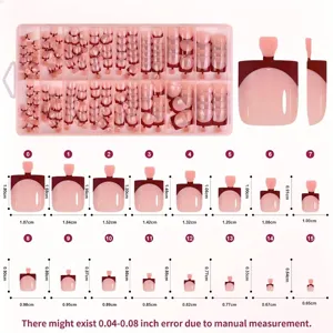 Detailed size chart showing 16 different sizes of French style nude toenail tips