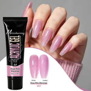 Detail of rose pink shimmer nail gel showing glossy and frosted finishes on acrylic nails.