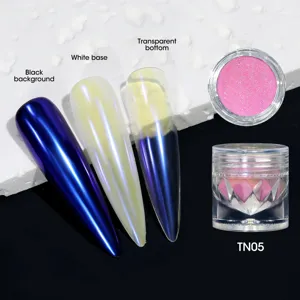 Detailed view of aurora nail powder TN05 effects on black, white and clear bases