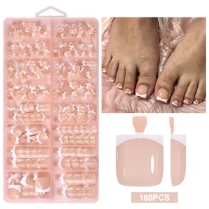 Detailed view of French style short nude toe nail patches with 160pcs storage box