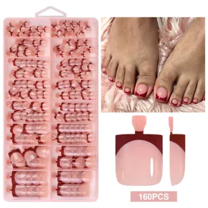 160pcs French nude short press-on toenails set with wine red tips for pedicure