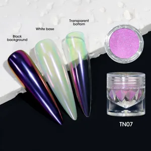 Chameleon aurora nail powder TN07 showing pink shimmer effect on different base colors