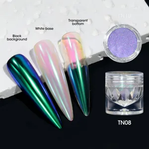 Detailed view of iridescent aurora nail powder effects on black, white and clear bases