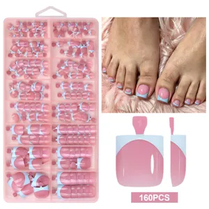 Premium French style pink and blue toe press-on nails 160pcs set for salon pedicure