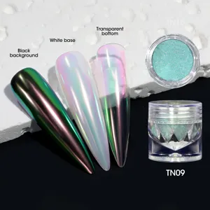 Professional chameleon aurora nail powder showing effects on black and white bases.