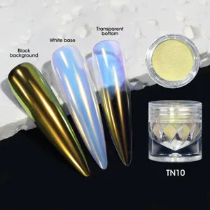 Detail of chameleon aurora nail powder showing effects on black, white, and clear bases.