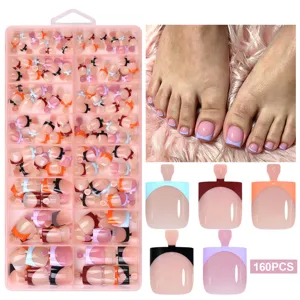 160pcs French style press-on toenails set in pink storage box for DIY pedicure art