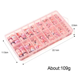 Detailed size measurements of 160pcs French short nude toe press-on nails in pink box