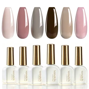 Zes trendy kleuren UV LED nagelgellak set weergegeven met glanzende swatches