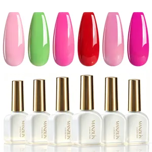 Detail van 6-kleuren UV LED nagelgel set met bijbehorende swatches op witte basis.