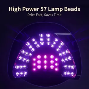 Close-up of 57 high-power LED beads inside UV/LED nail lamp glowing purple light