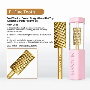 Detailed view of gold titanium coated tungsten carbide nail drill bit with packaging