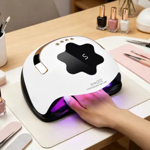 Macro view of S11 high power UV LED nail lamp curing gel polish during a manicure