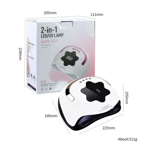 Professional 268W SUN S11 LED UV nail lamp with packaging box and product dimensions