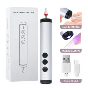 Close-up of electric nail drill functions including grinding, UV LED curing and packaging