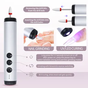 Electric nail drill with UV/LED light detail showing grinding and curing modes