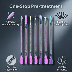 7pcs Professional Iridescent Titanium Plated Stainless Steel Cuticle Pusher Tool Set