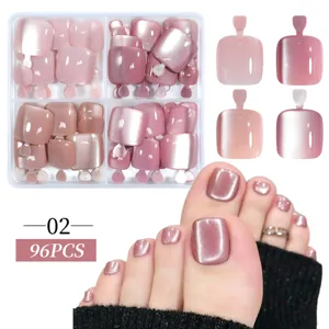 Cat-eye glitter press-on toe nails set including 96 pieces in four pink shades