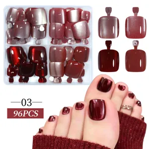 Detailed display of 96pcs cat eye press-on toenails in deep red burgundy glitter finish.