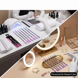 Detailed view of rainbow iridescent dual-ended stainless steel cuticle pushers in use.