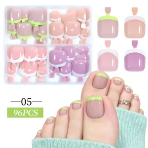 Box of 96 French style press-on toenails featuring four assorted colors and designs