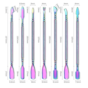 Detailed measurements of rainbow titanium stainless steel Russian cuticle pushers set