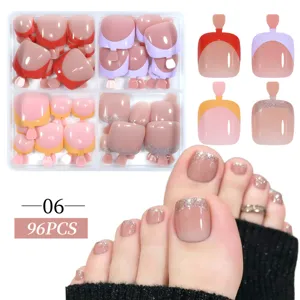 96pcs French style press-on toe nails set with glitter nude and solid colors decoration