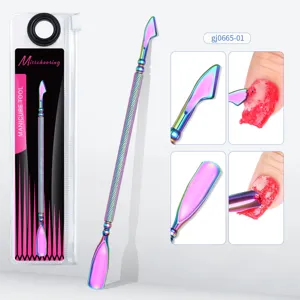 Close-up showing the detail of double-ended rainbow titanium cuticle pusher tool