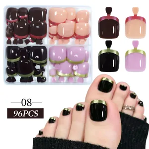 Detailed view of 96pcs French style press-on toenails in four elegant colors.