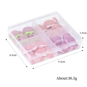 Close-up view of French style press-on toenails in a transparent storage box with dimensions