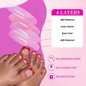 Elegant French style red press-on toenails featuring a durable 4-layer ABS structure