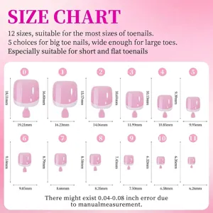 Detailed size chart for 12 sizes of pink French press-on toenails with dimensions