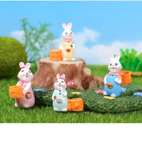 Resin rabbit miniature figurines, cute flower basket animal ornaments for micro landscape gardening decor.
