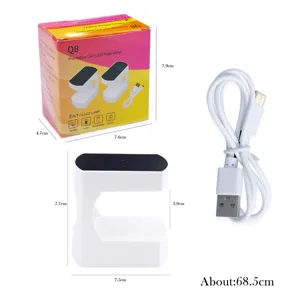 Detailed dimensions of portable Q8 mini UV LED nail lamp with USB cable and packaging box