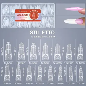 Tabella di misura dettagliata per forme doppie per unghie French stiletto, 15 misure e 150 pezzi