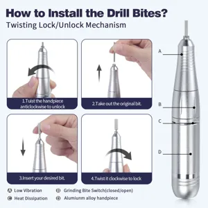 Instructional guide for installing drill bits on an aluminum alloy electric nail drill handpiece