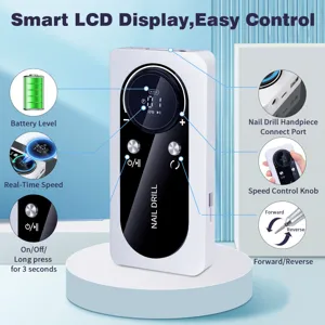 Detailed infographic showing professional nail drill features and smart LCD display.