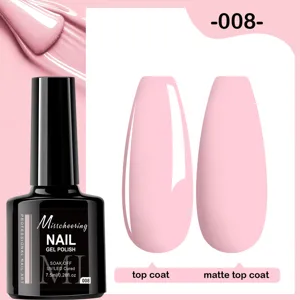 Détail de vernis gel rose clair montrant les finitions brillante et mate