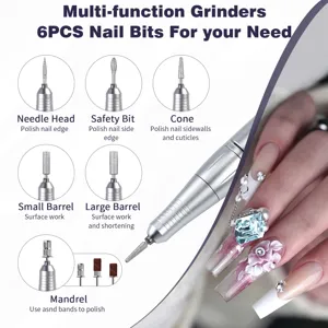 Detailed guide of 6 specialized nail drill bits for professional manicure and pedicure.