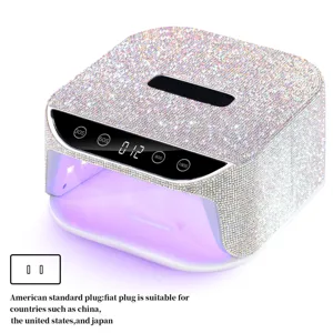 Vue détaillée de la lampe à ongles UV LED à strass avec détails sur la prise US