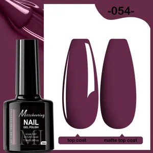 Vernis à ongles gel soak off prune 054 avec finitions top coat brillant et mat