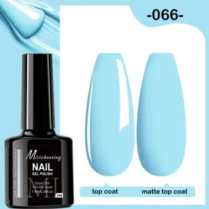 Détail du vernis gel bleu clair montrant les finitions brillante et mate du top coat