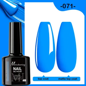 Détails du vernis à ongles gel bleu 071 montrant les finitions top coat brillant et mat