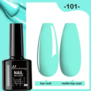 Vue détaillée du vernis à ongles vert menthe avec effets top coat brillant et mat