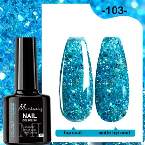 Vue détaillée du vernis gel bleu pailleté #103 avec finitions brillante et mate