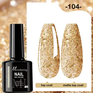 Vue détaillée du vernis gel pailleté doré avec finitions top coat brillant et mat