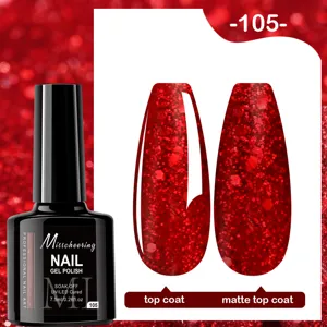 Détail du vernis à ongles gel rouge pailleté avec finis brillant et mat